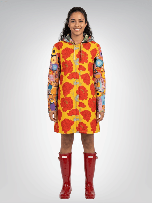 Red & Golden Poppy Graffiti Patchwork Womens Hooded Rain Jacket