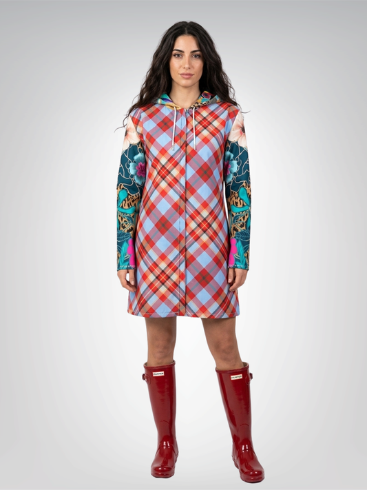 Red Tartan Bloom Patchwork Womens Hooded Rain Jacket
