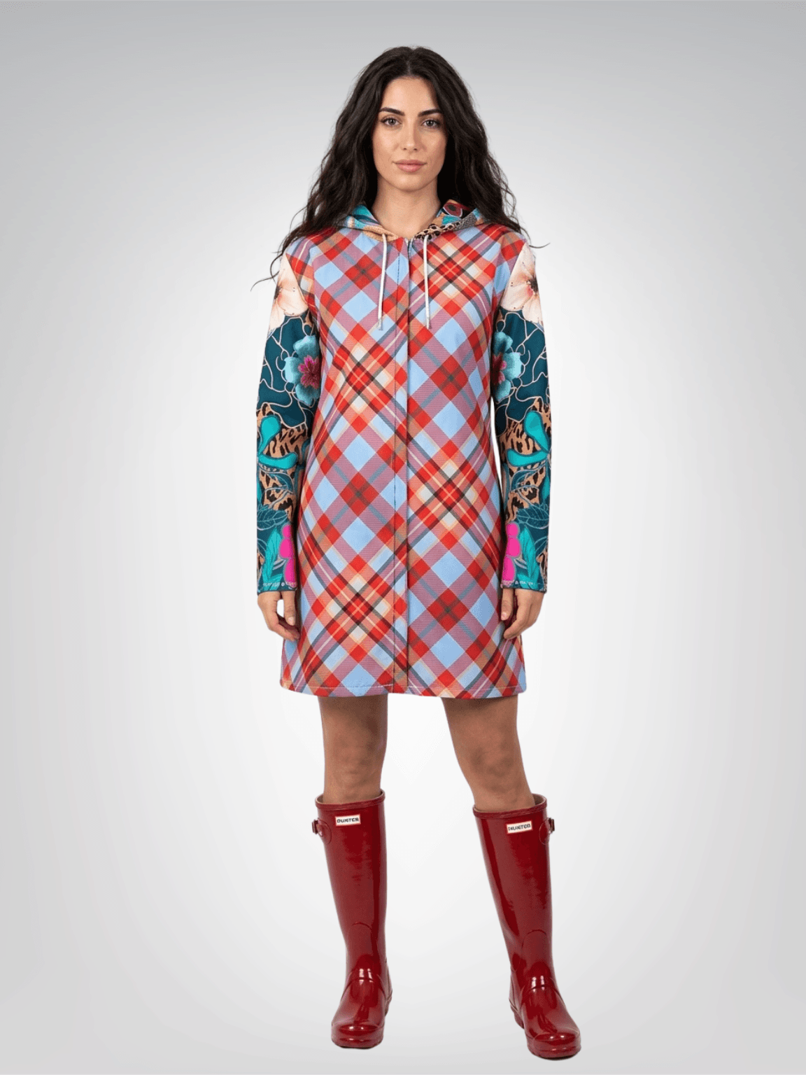 Red Tartan Bloom Patchwork Womens Hooded Rain Jacket