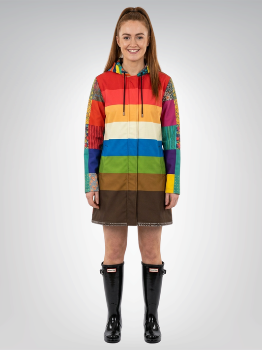 Retro Sunset Rugby Stripe Womens Hooded Rain Jacket