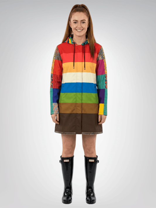 Retro Sunset Rugby Stripe Womens Hooded Rain Jacket