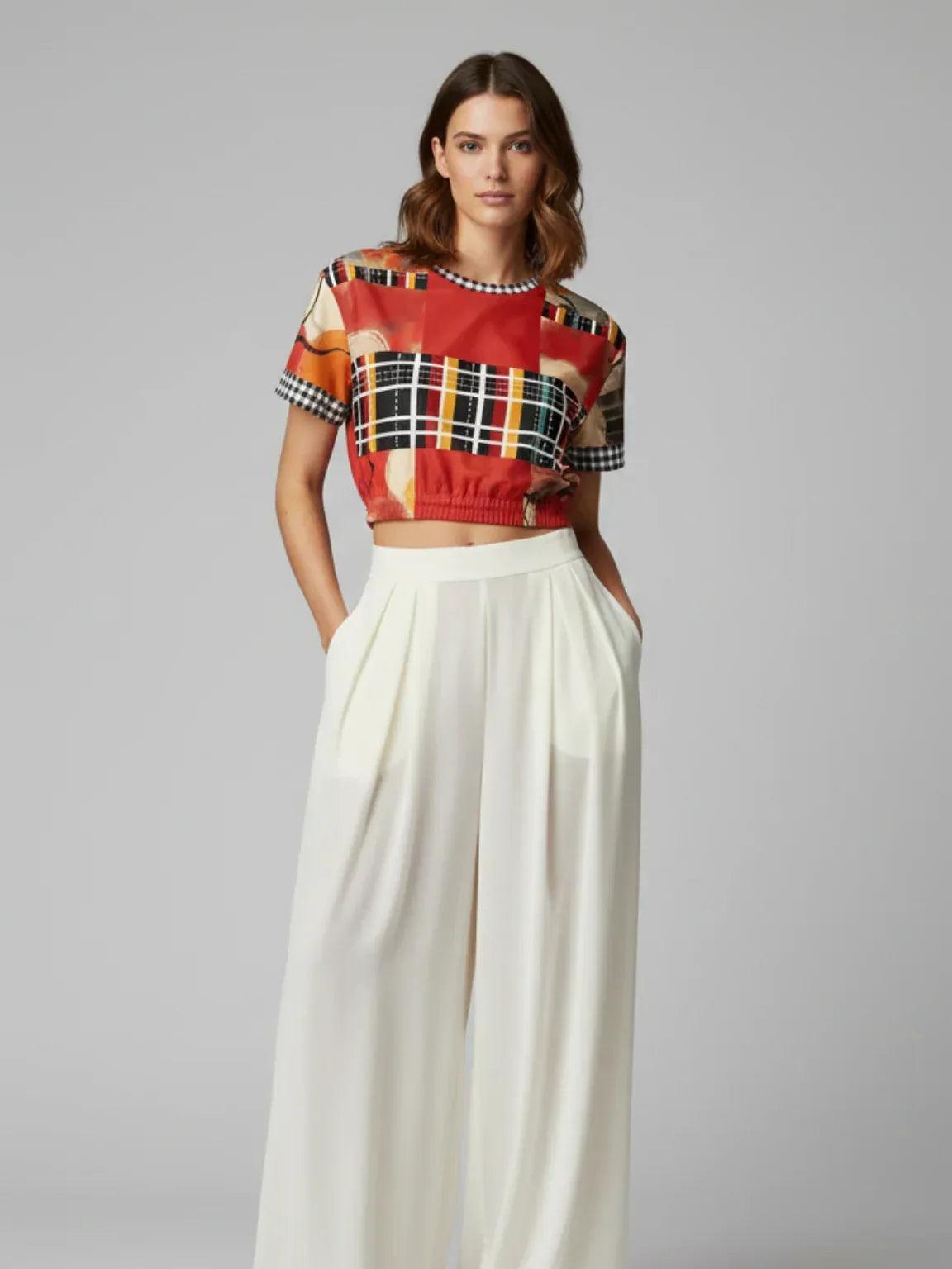 Springtime in Asia in Floral Stripes Eco-Poly Short Sleeve Cropped Pullover