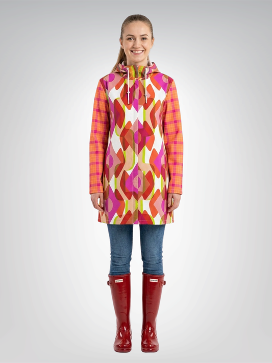 Tangerine Mod Geo Plaid Womens Hooded Rain Jacket