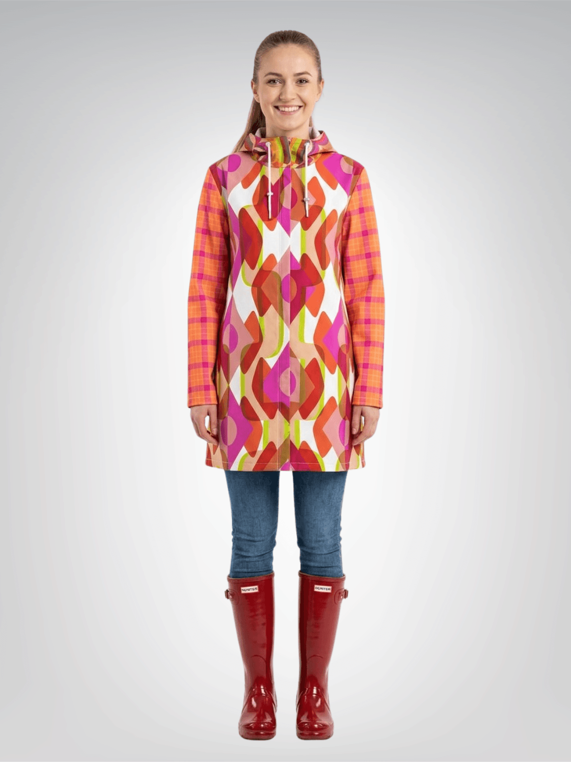 Tangerine Mod Geo Plaid Womens Hooded Rain Jacket
