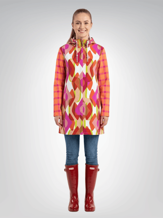Tangerine Mod Geo Plaid Womens Hooded Rain Jacket