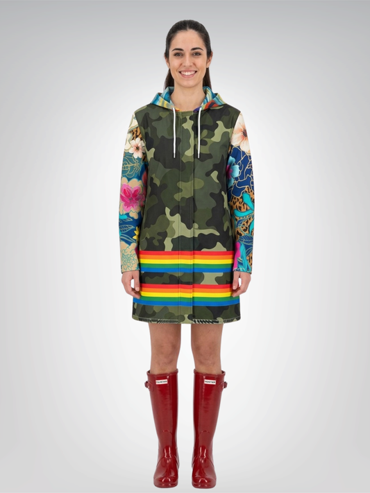 Wild Garden Camo Rainbow Stripe Womens Hooded Rain Jacket