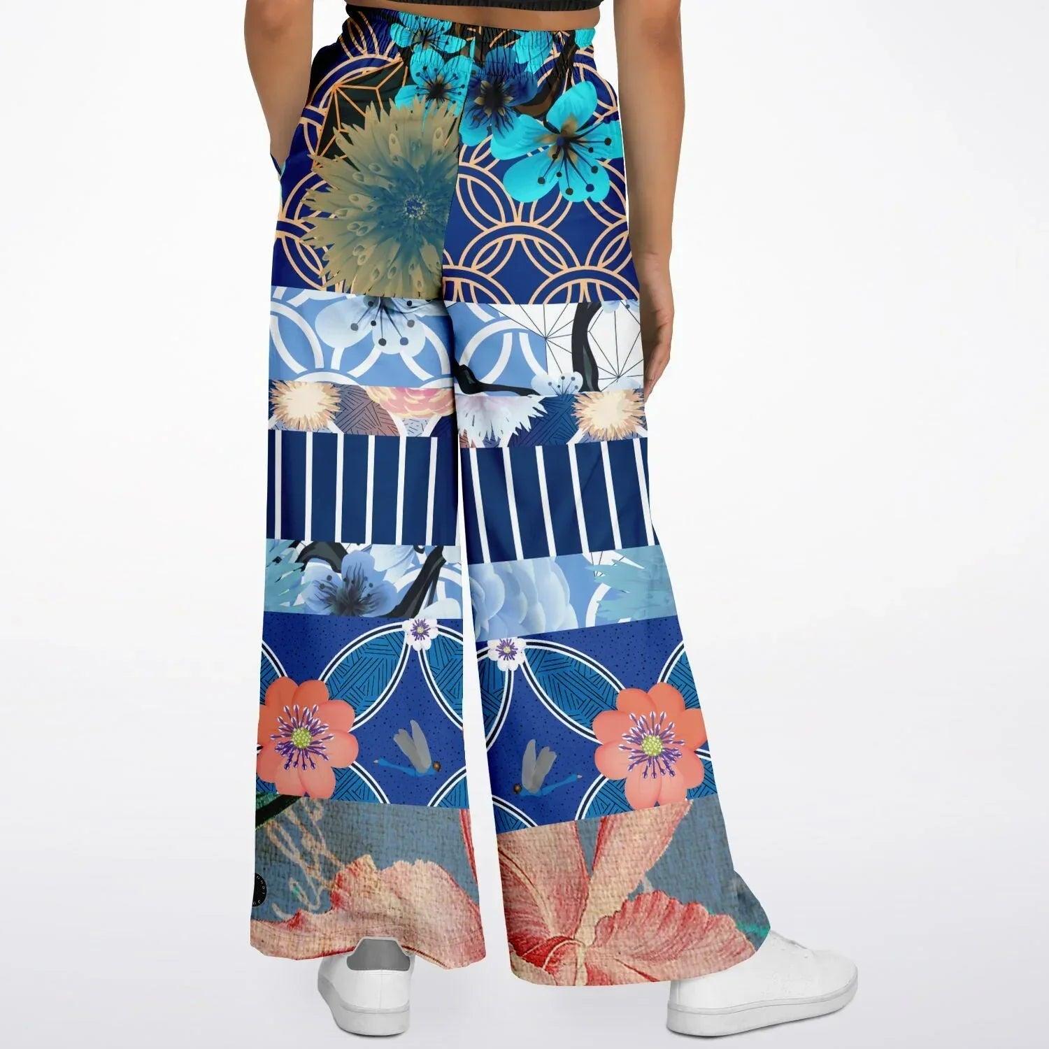 Blue Andalusian Patchwork Eco-Poly Wide Leg Pants