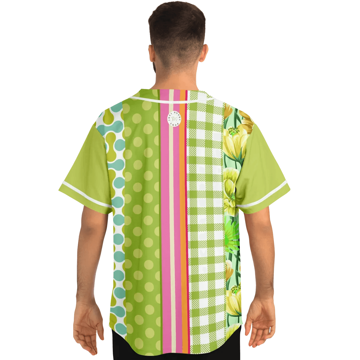 Green Anjou Pear Striped Patchwork Short Sleeve Eco-Poly Baseball Jersey