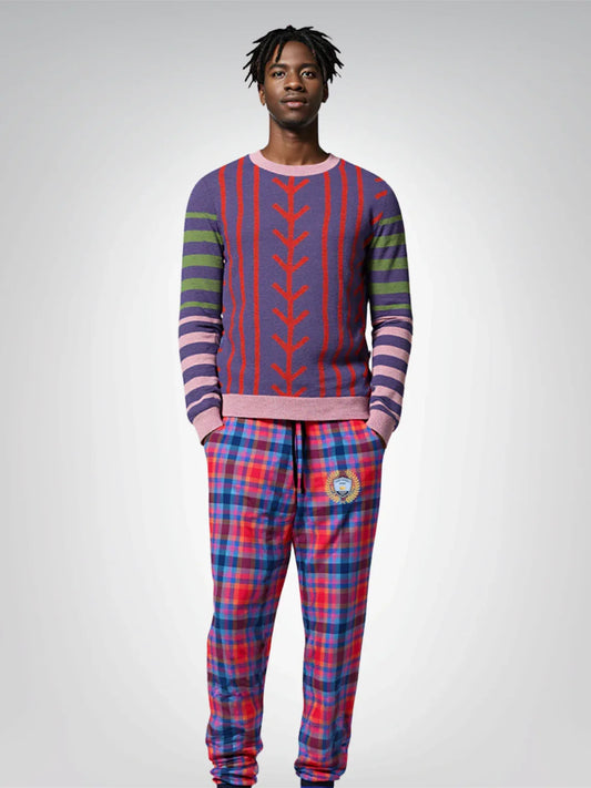 Abstract Argyle and Stripe Purple Knitted Crewneck Sweater