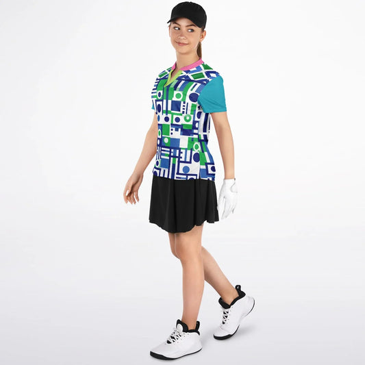 Abstract in Blue and Green Mandarin Collar Ladies Polo Golf Shirt