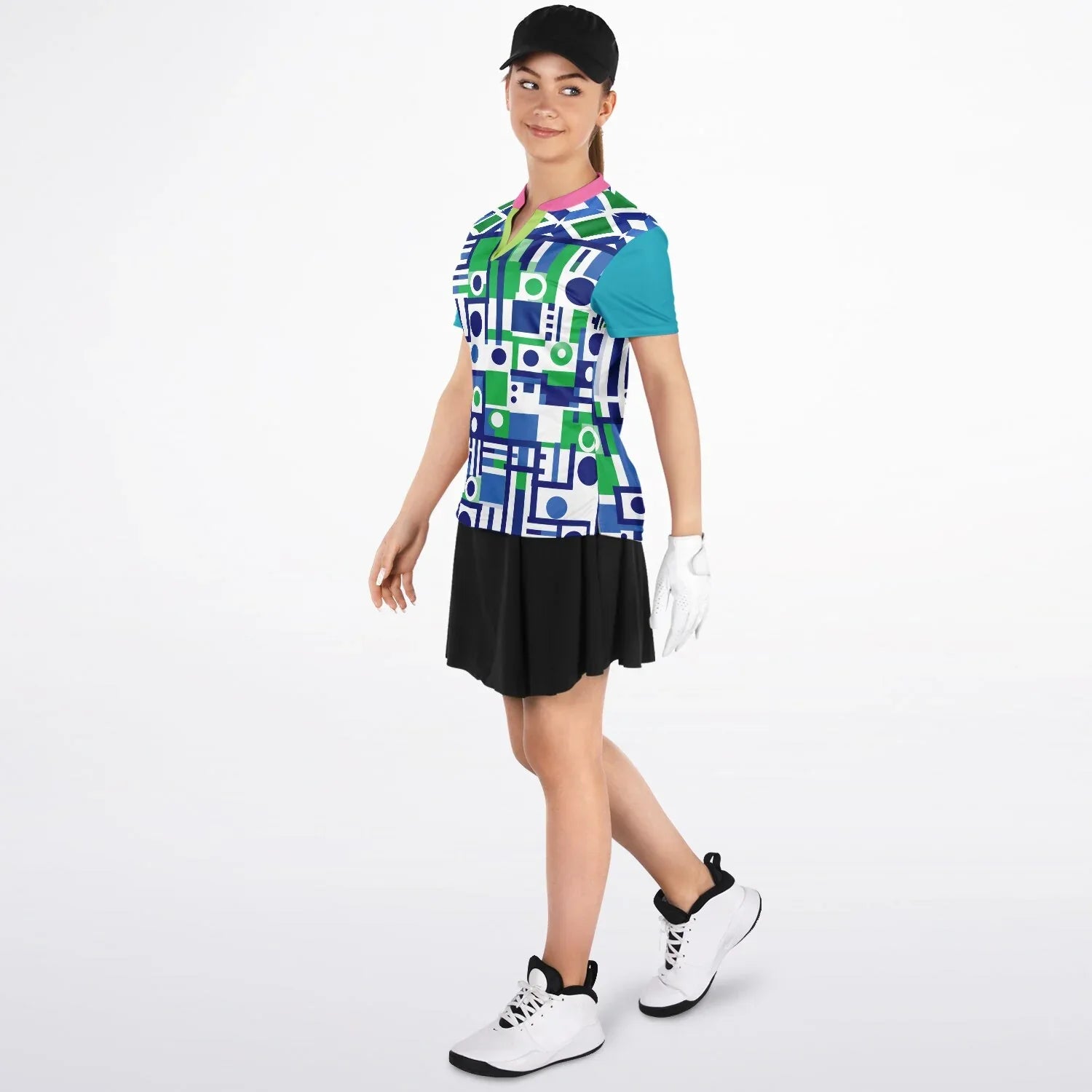 Abstract in Blue and Green Mandarin Collar Ladies Polo Golf Shirt
