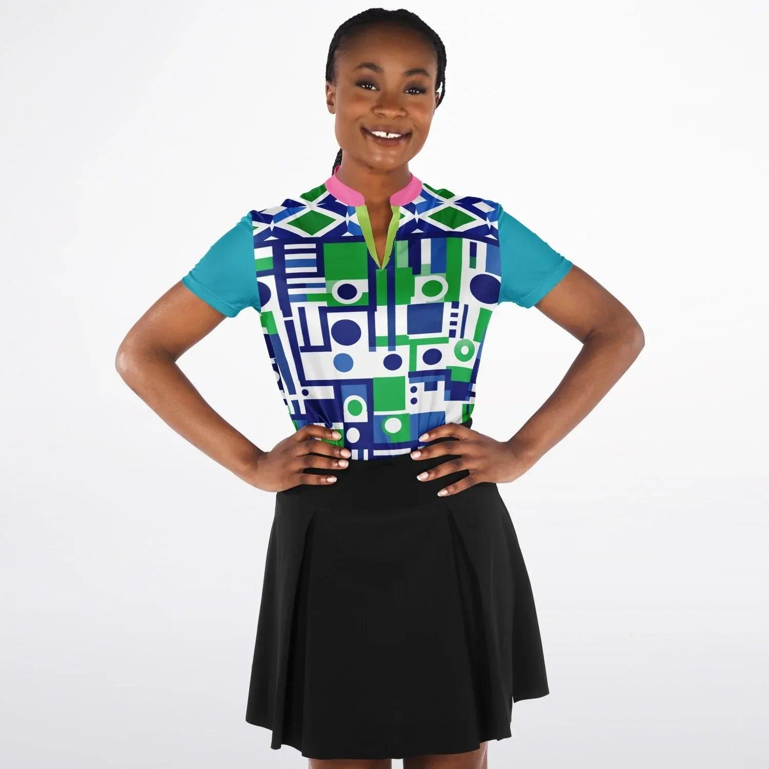 Abstract in Blue and Green Mandarin Collar Ladies Polo Golf Shirt