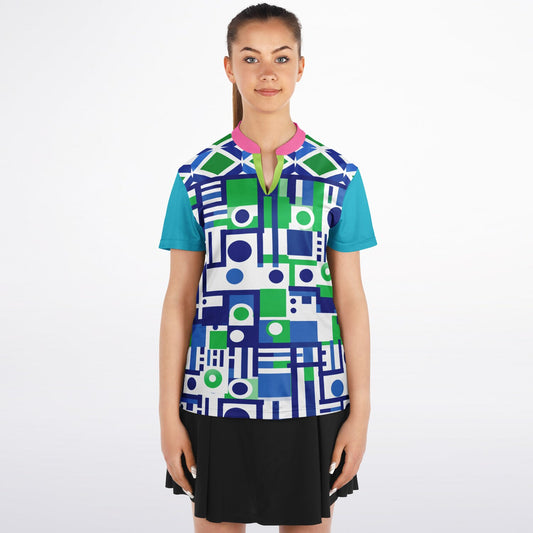 Abstract in Blue and Green Mandarin Collar Ladies Polo Golf Shirt