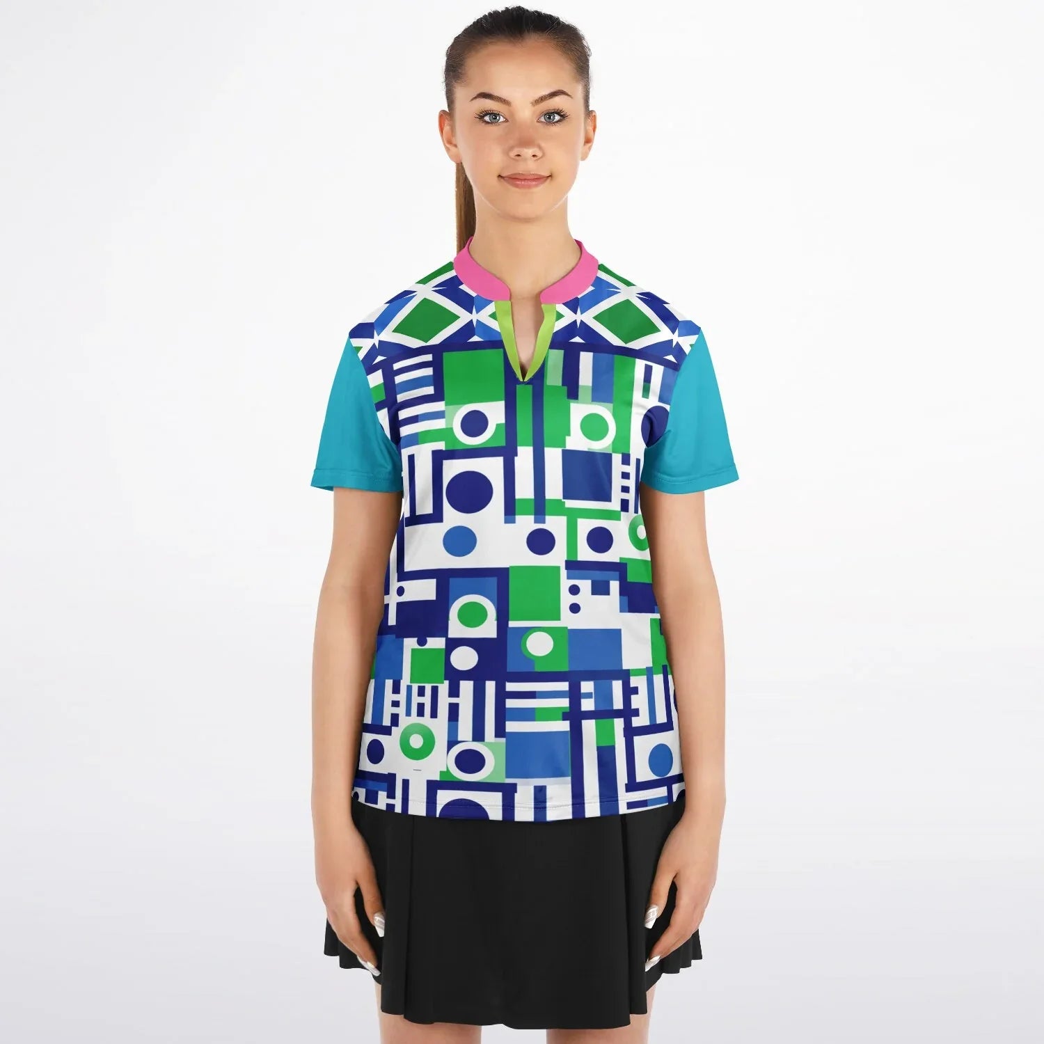 Abstract in Blue and Green Mandarin Collar Ladies Polo Golf Shirt