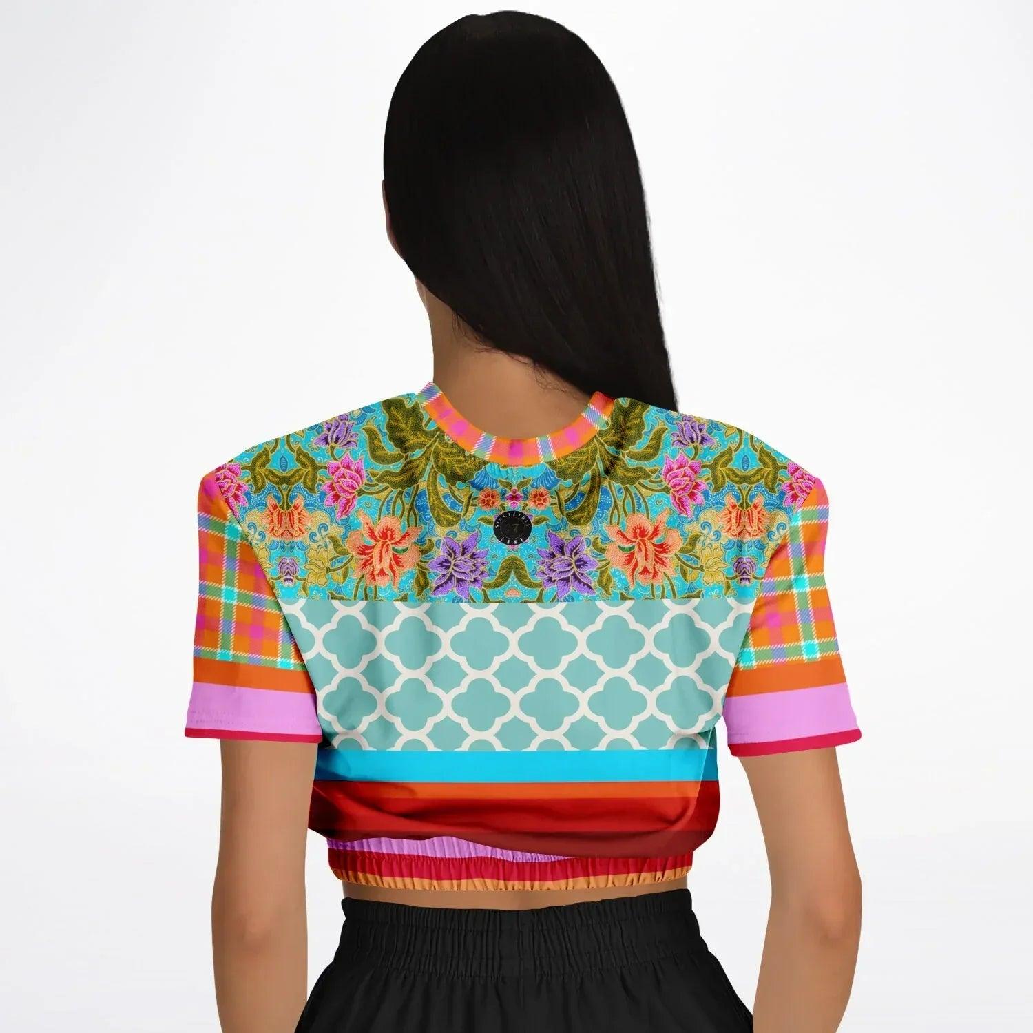 Age of Aquarius Batik Floral Stripe Eco-Poly Short Sleeve Cropped Pullover