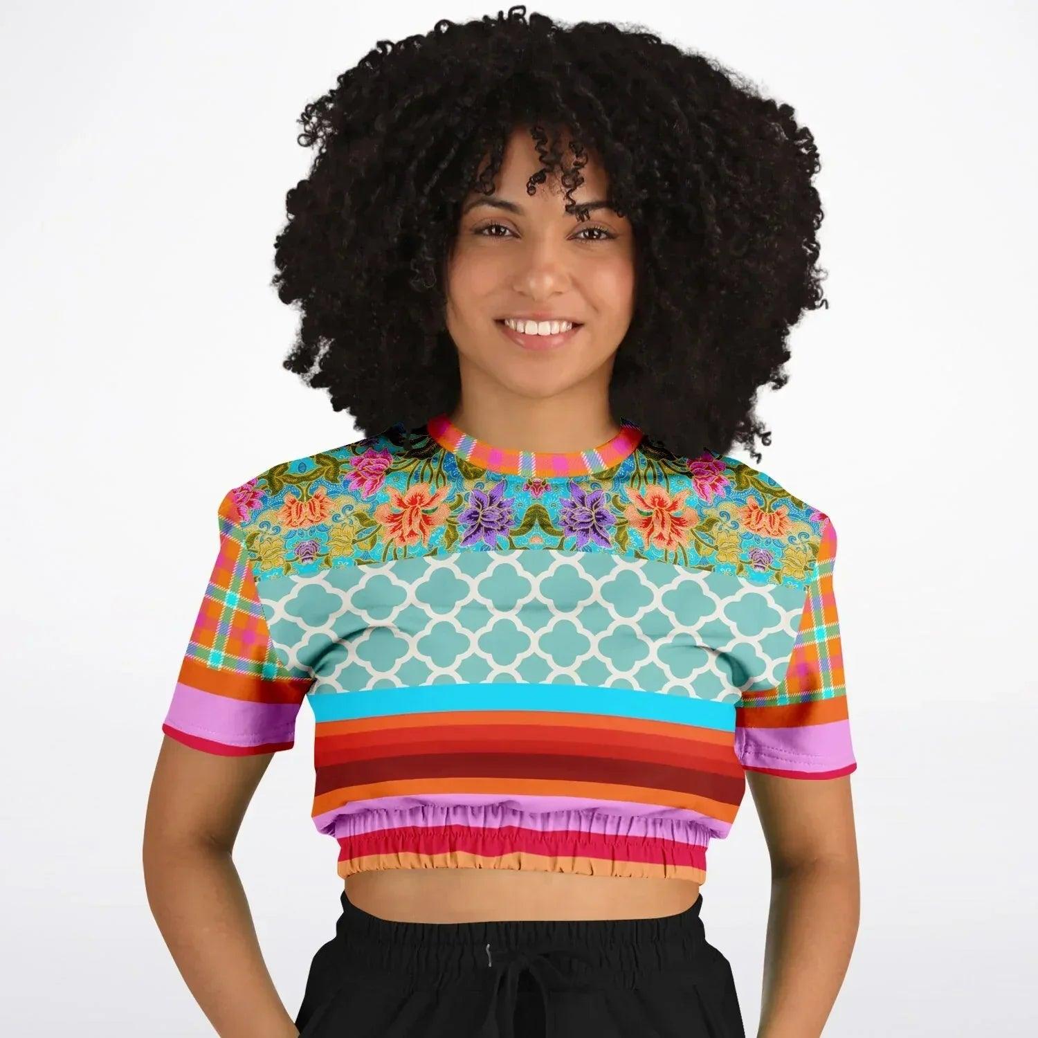 Age of Aquarius Batik Floral Stripe Eco-Poly Short Sleeve Cropped Pullover