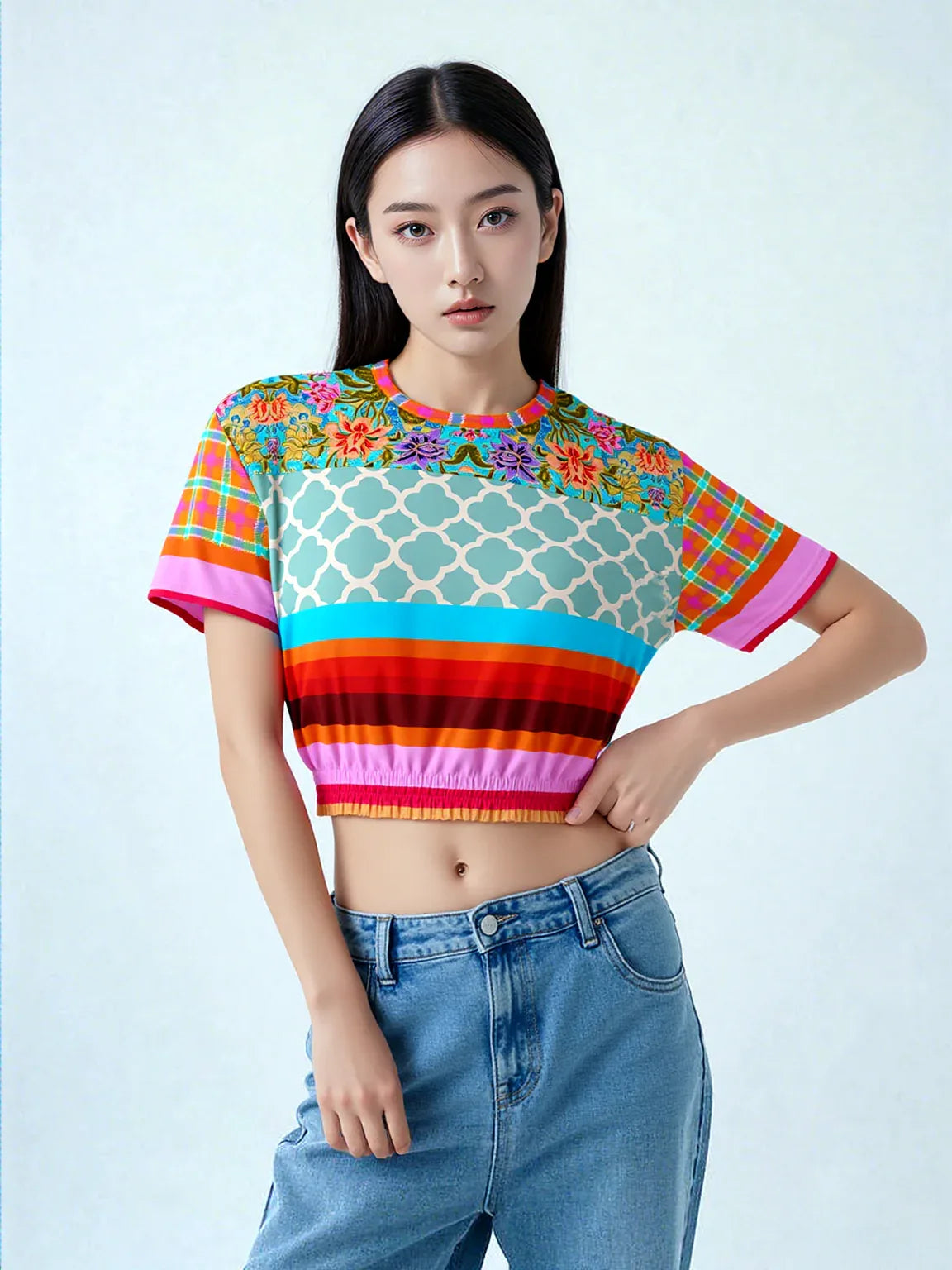 Age of Aquarius Batik Floral Stripe Eco-Poly Short Sleeve Cropped Pullover