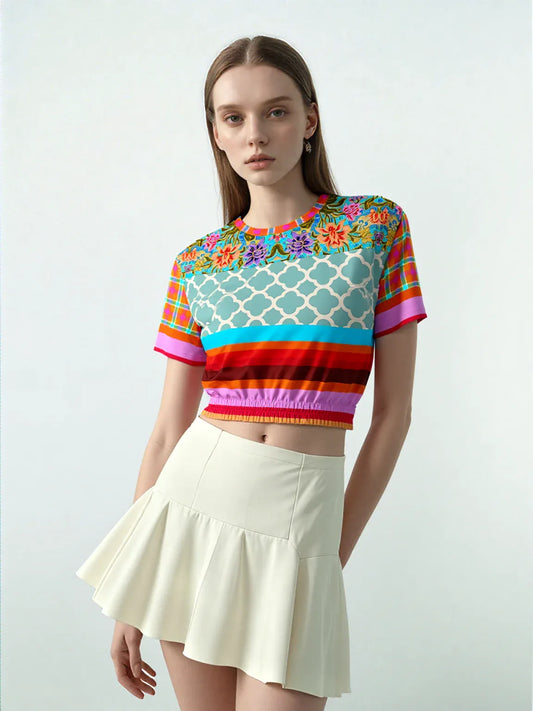 Age of Aquarius Batik Floral Stripe Eco-Poly Short Sleeve Cropped Pullover