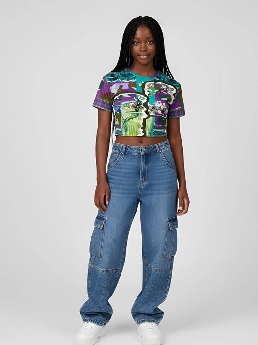 Almond Twig in Bloom - Van Gogh - Abstract Camo Patchwork Eco-Poly Short Sleeve Cropped Pullover