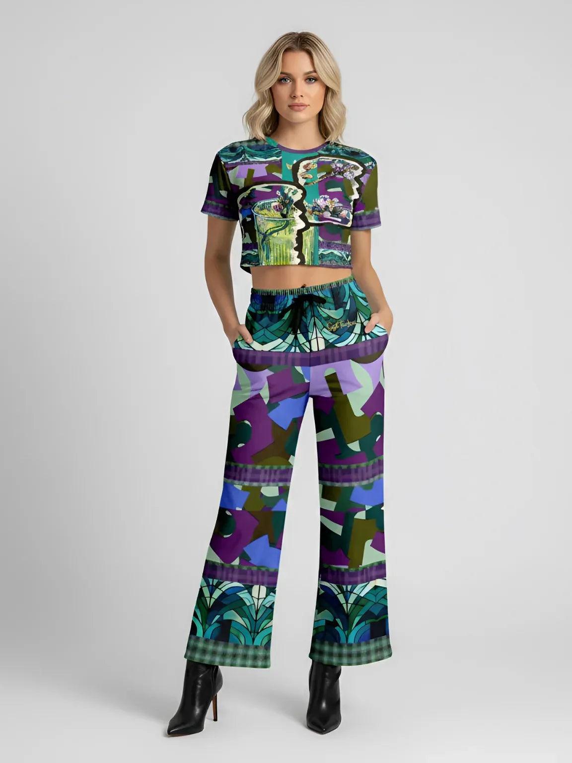 Almond Twig in Bloom - Van Gogh - Abstract Camo Patchwork Eco-Poly Short Sleeve Cropped Pullover