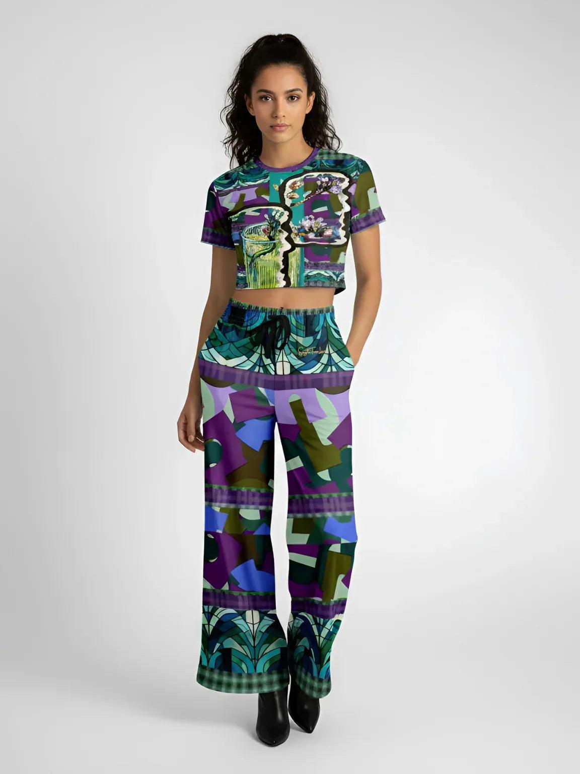Almond Twig in Bloom - Van Gogh - Abstract Camo Patchwork Eco-Poly Short Sleeve Cropped Pullover