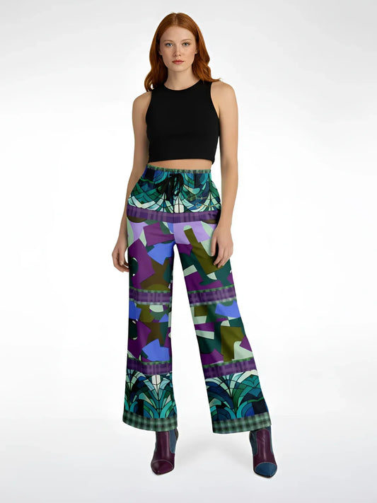 Almond Twig in Bloom - Van Gogh - Abstract Camo Patchwork Eco-Poly Wide Leg Pants