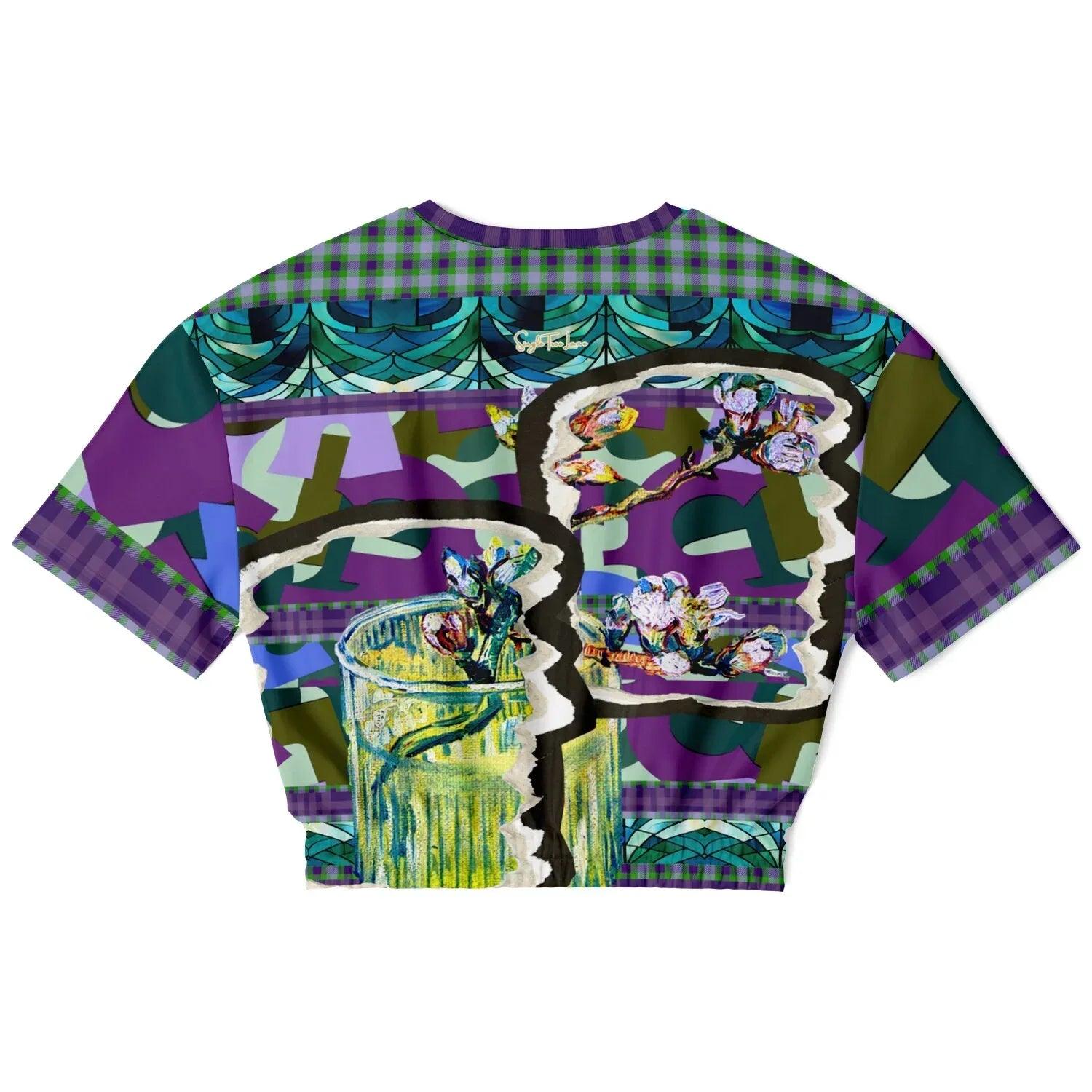 Almond Twig in Bloom - Van Gogh - Abstract Camo Patchwork Eco-Poly Short Sleeve Cropped Pullover