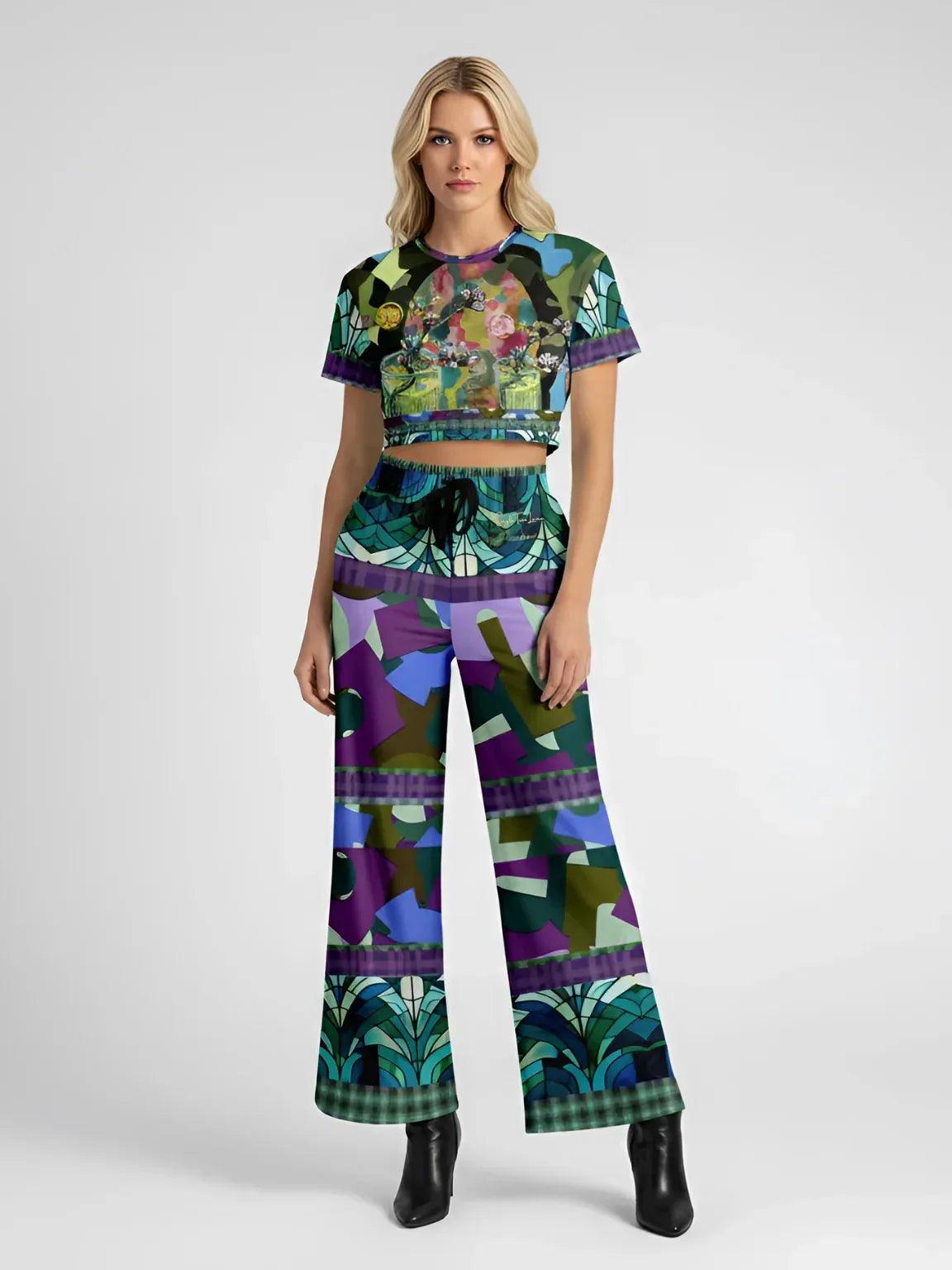 Almond Twig in Bloom - Van Gogh - Camo Patchwork Eco-Poly Short Sleeve Cropped Pullover