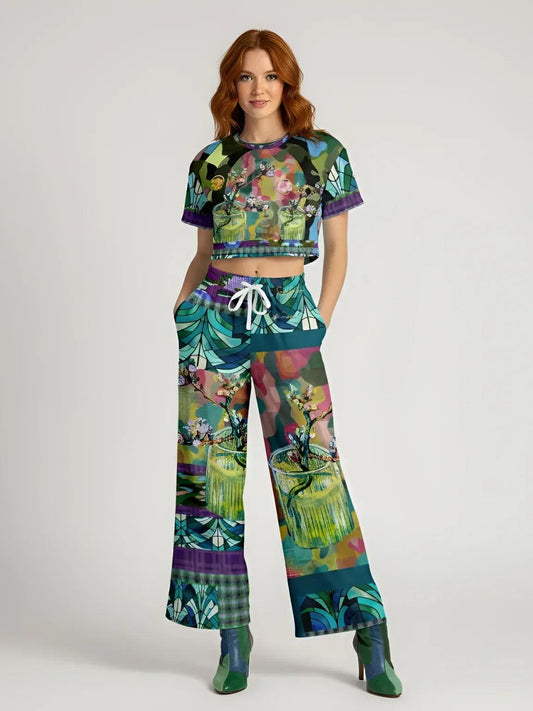 Almond Twig in Bloom - Van Gogh - Camo Patchwork Eco-Poly Wide Leg Pants