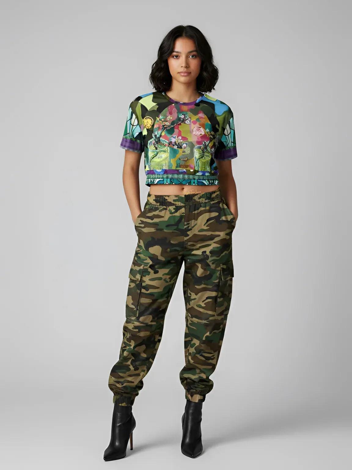 Almond Twig in Bloom - Van Gogh - Camo Patchwork Eco-Poly Short Sleeve Cropped Pullover
