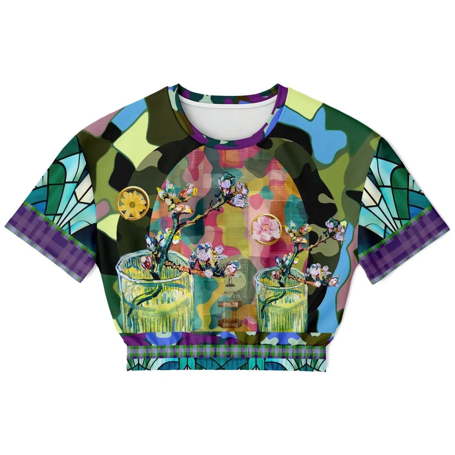 Almond Twig in Bloom - Van Gogh - Camo Patchwork Eco-Poly Short Sleeve Cropped Pullover
