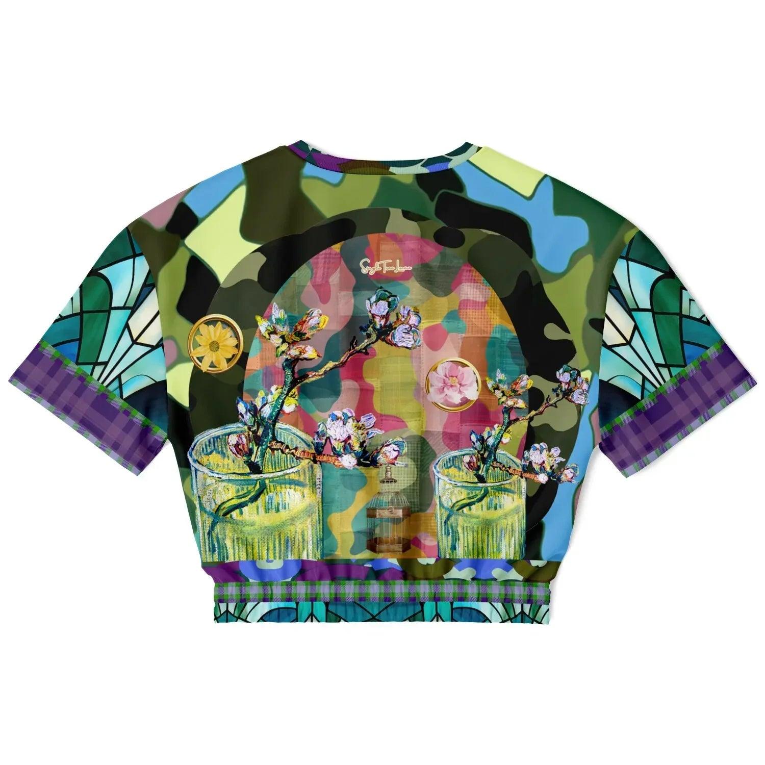 Almond Twig in Bloom - Van Gogh - Camo Patchwork Eco-Poly Short Sleeve Cropped Pullover