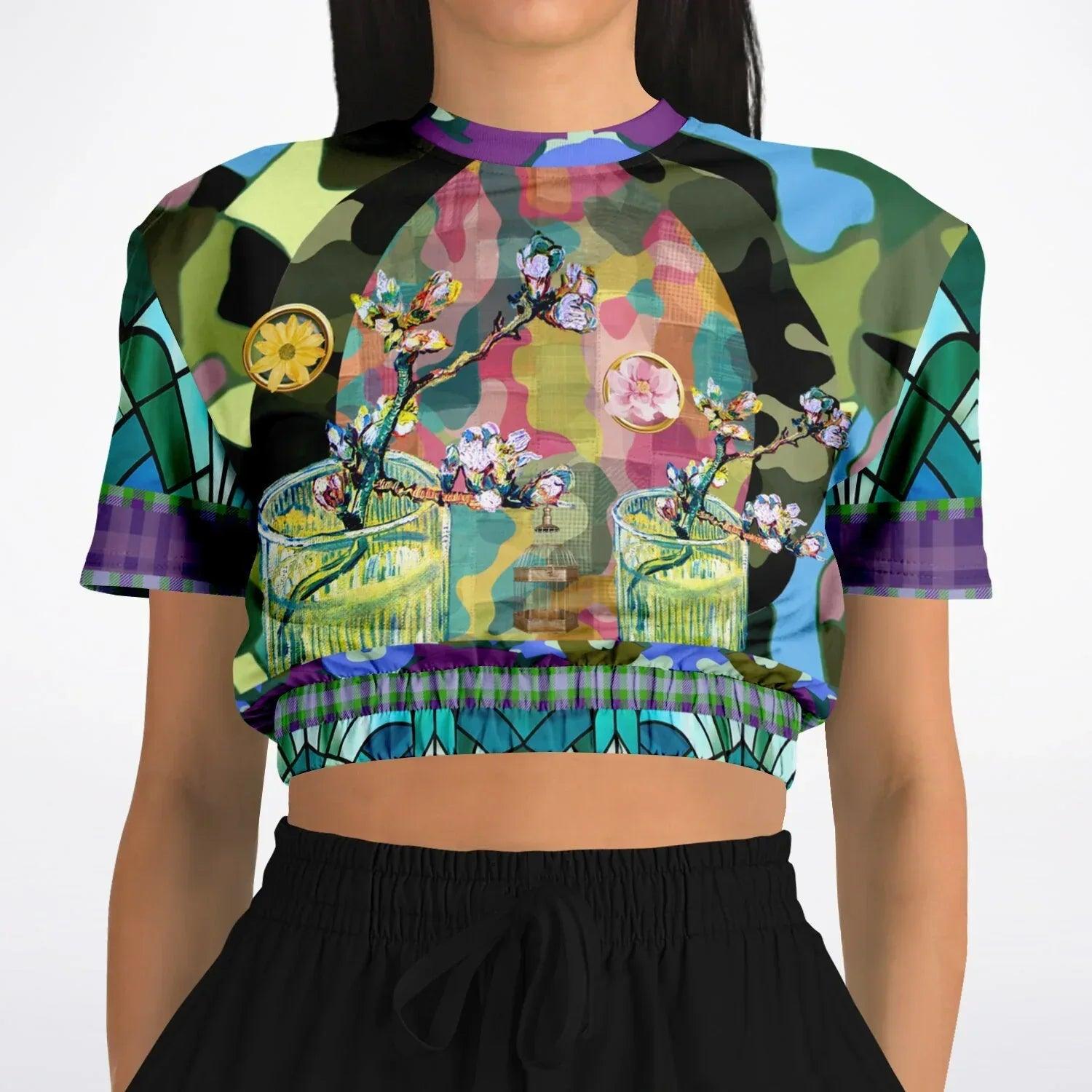Almond Twig in Bloom - Van Gogh - Camo Patchwork Eco-Poly Short Sleeve Cropped Pullover