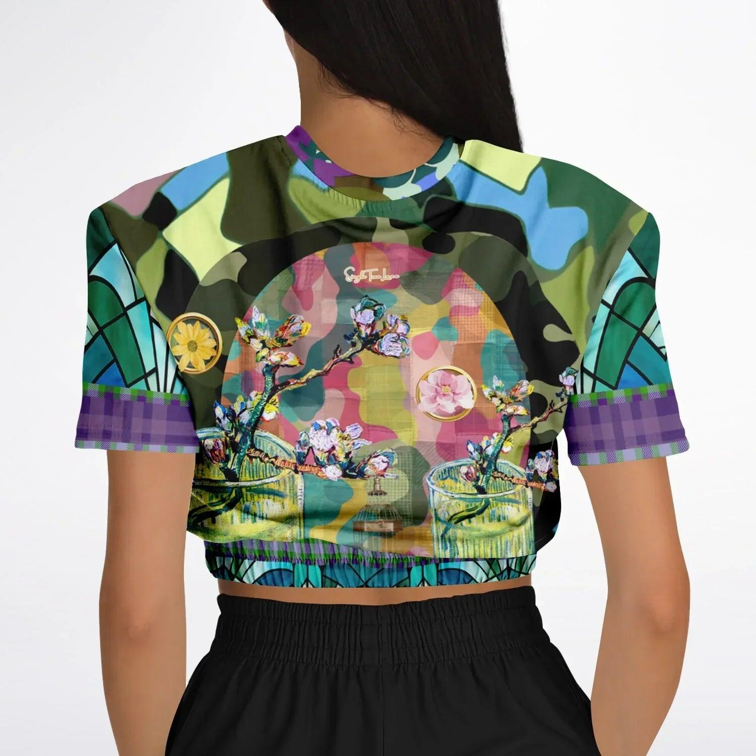 Almond Twig in Bloom - Van Gogh - Camo Patchwork Eco-Poly Short Sleeve Cropped Pullover