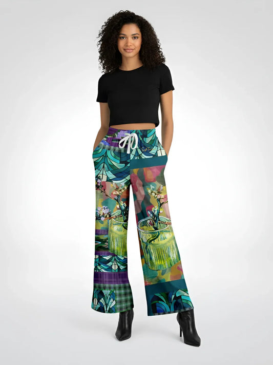 Almond Twig in Bloom - Van Gogh - Camo Patchwork Eco-Poly Wide Leg Pants