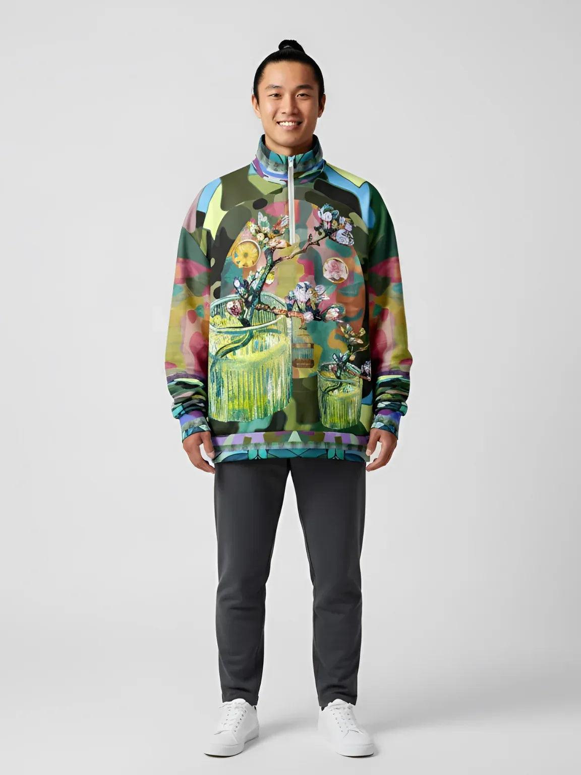Almond Twig in Bloom - Van Gogh - Camo Patchwork Heavyweight Oversized Quarter Zip Sweatshirt