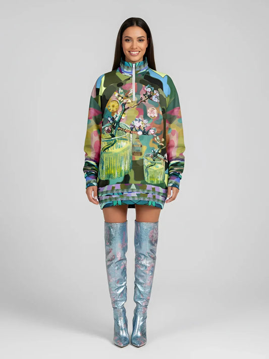 Almond Twig in Bloom - Van Gogh - Camo Patchwork Heavyweight Oversized Quarter Zip Sweatshirt