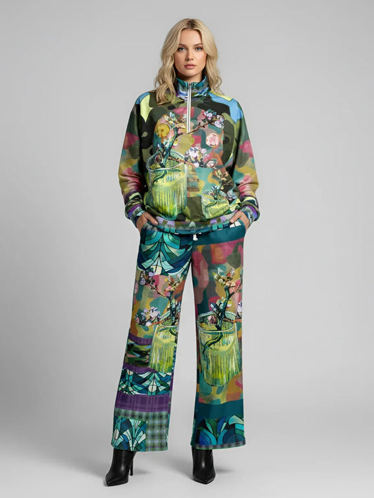 Almond Twig in Bloom - Van Gogh - Camo Patchwork Heavyweight Oversized Quarter Zip Sweatshirt