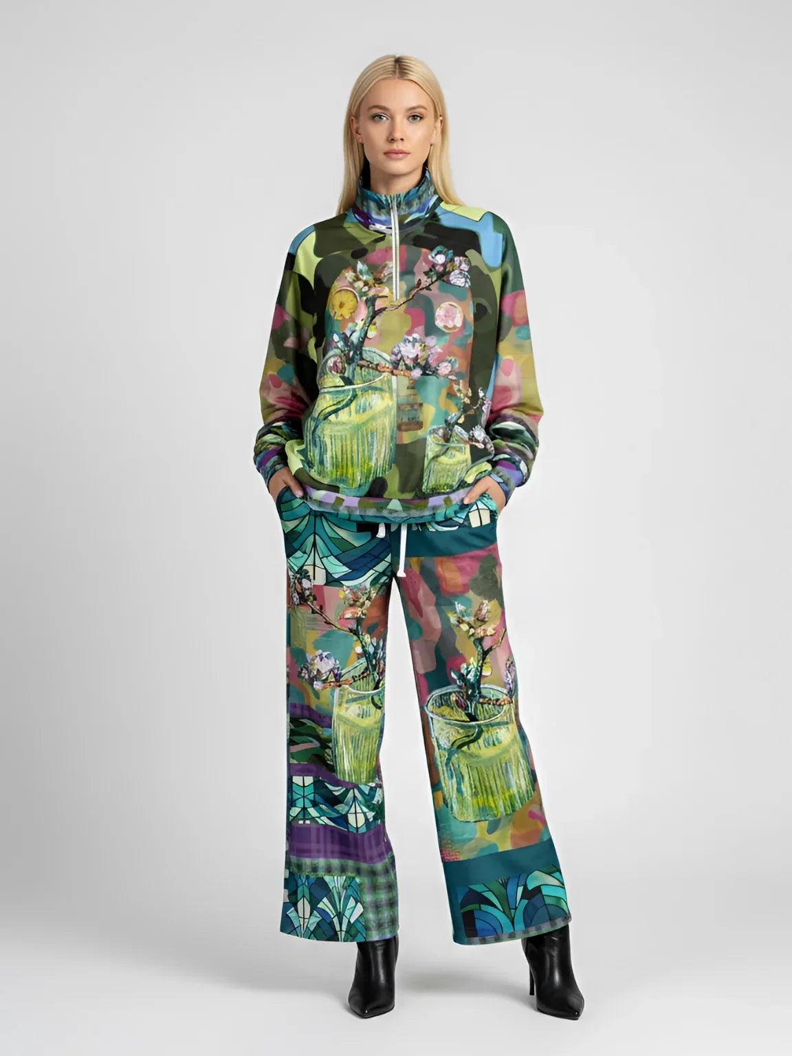 Almond Twig in Bloom - Van Gogh - Camo Patchwork Eco-Poly Wide Leg Pants