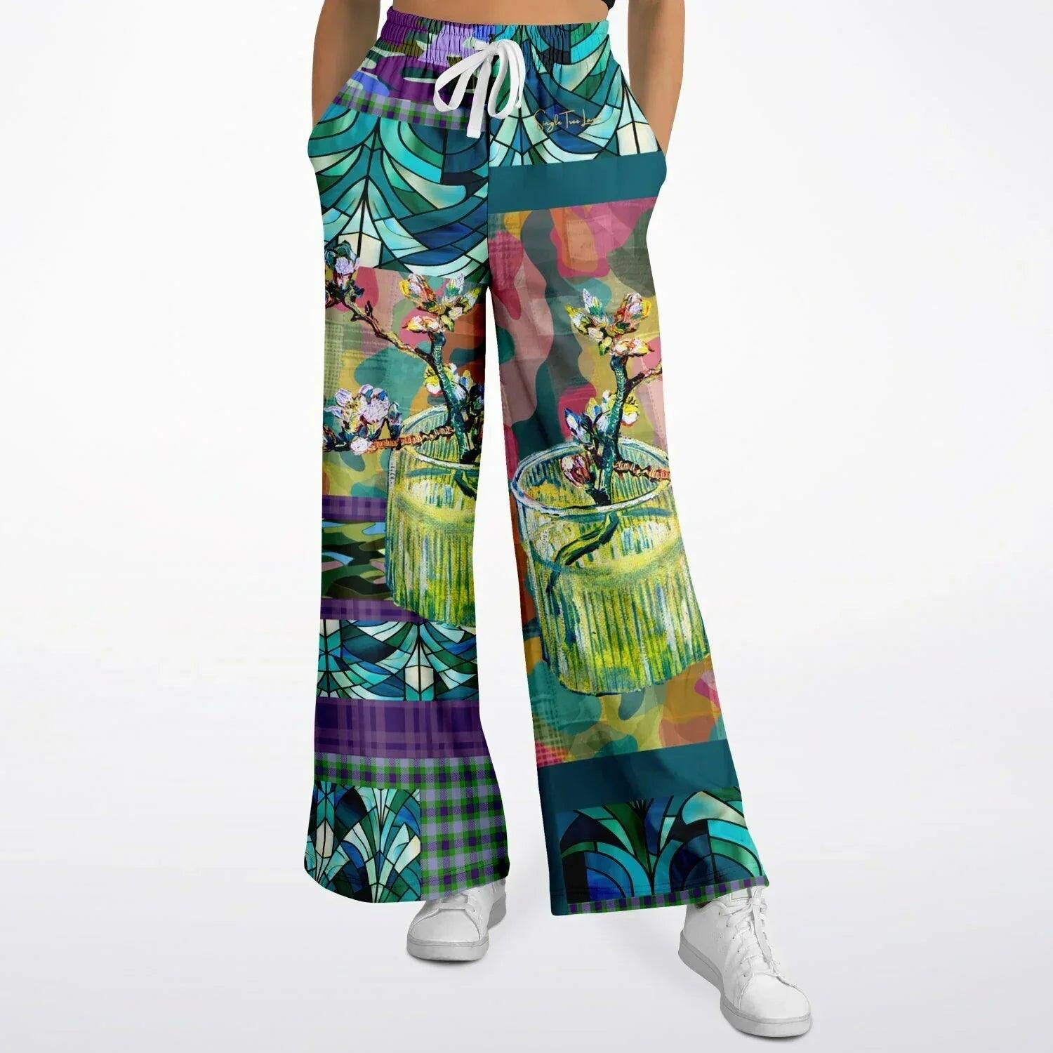 Almond Twig in Bloom - Van Gogh - Camo Patchwork Eco-Poly Wide Leg Pants
