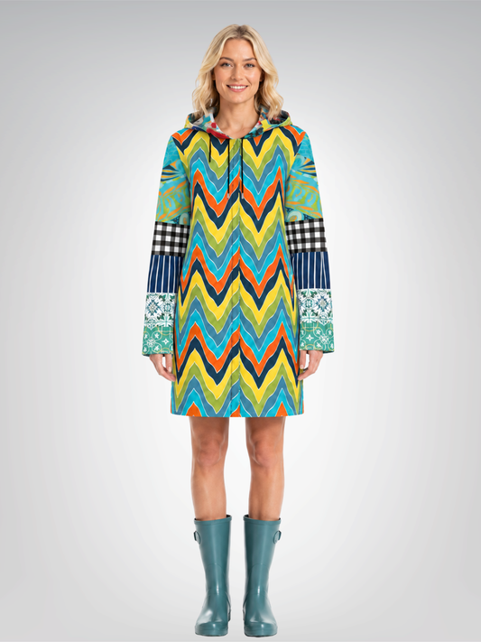 Aqua Zig Zag Mosaic Womens Hooded Rain Jacket