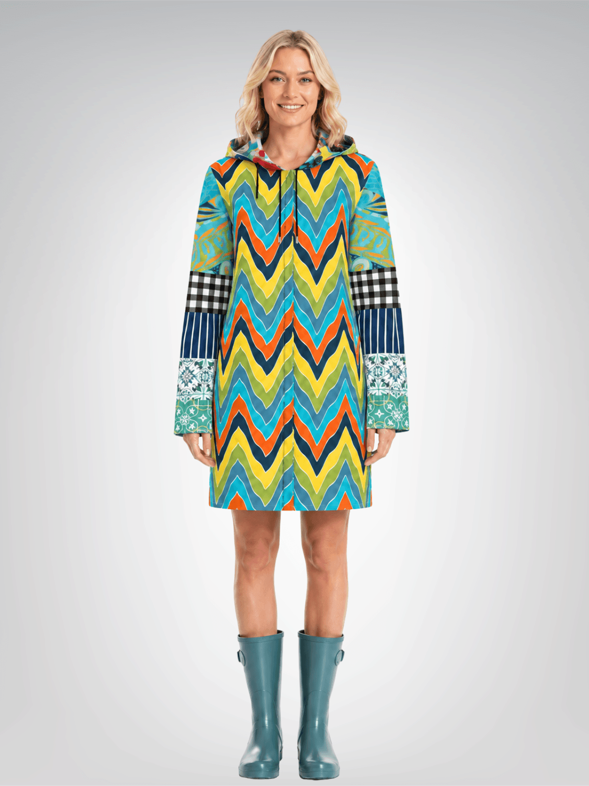 Aqua Zig Zag Mosaic Womens Hooded Rain Jacket