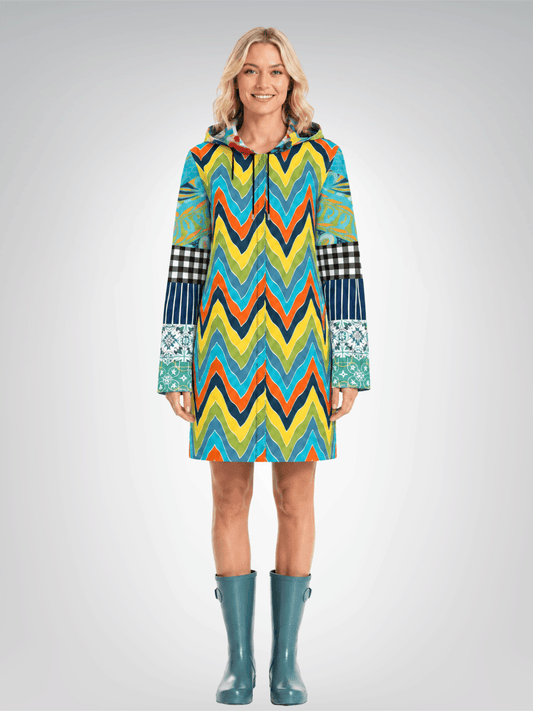 Aqua Zig Zag Mosaic Womens Hooded Rain Jacket