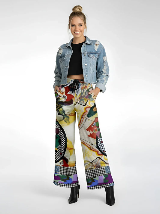 Around the Circle in Cossacks - Kandinsky - Abstract Print Eco-Poly Wide Leg Pants