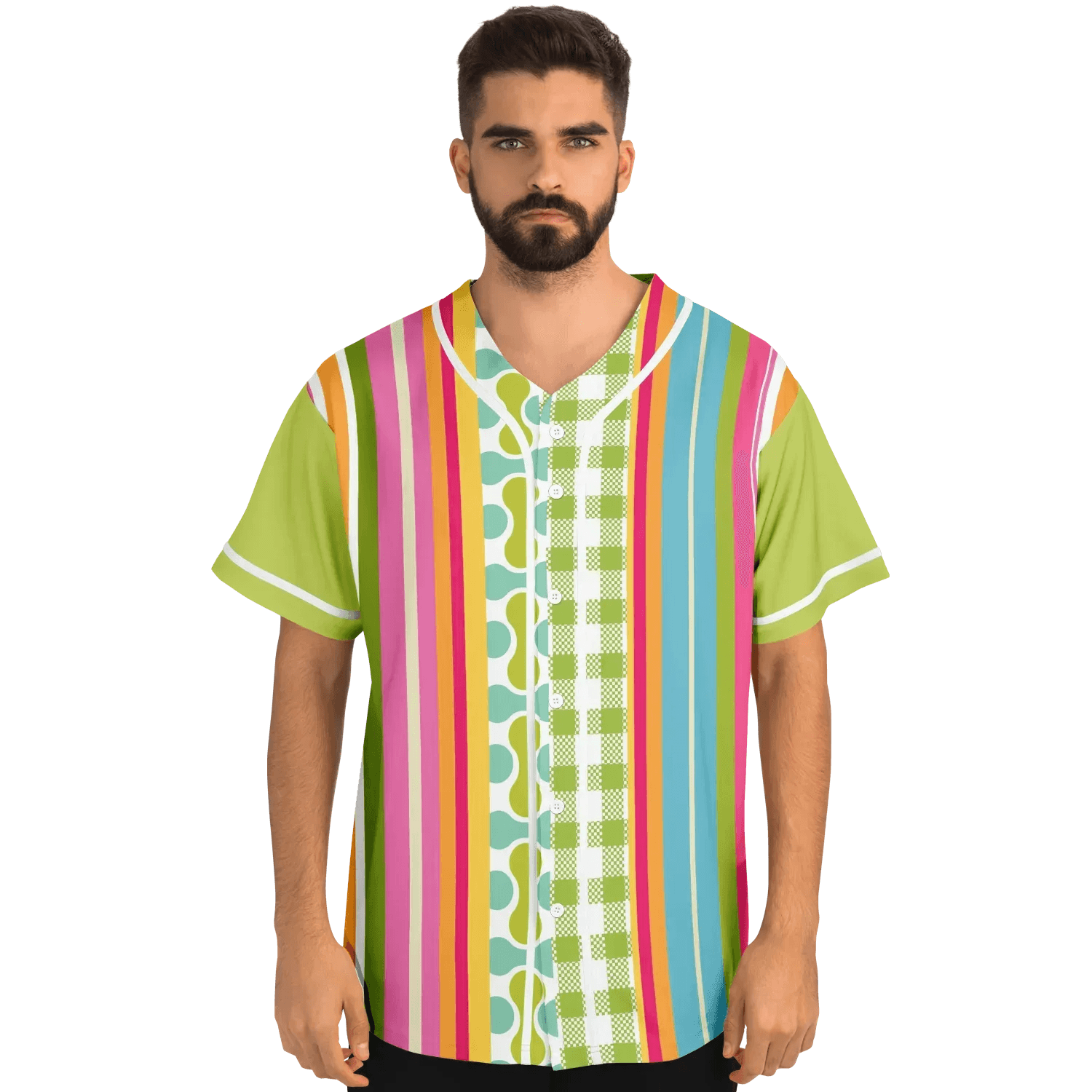 Green Anjou Pear Striped Patchwork Short Sleeve Eco-Poly Baseball Jersey