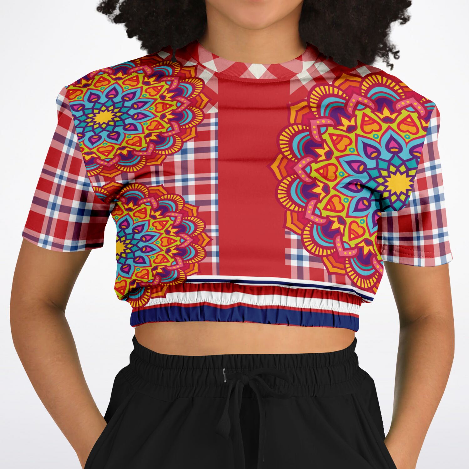 Hippy-Dippy Plaid Eco-Poly Cropped Short Sleeve Pullover