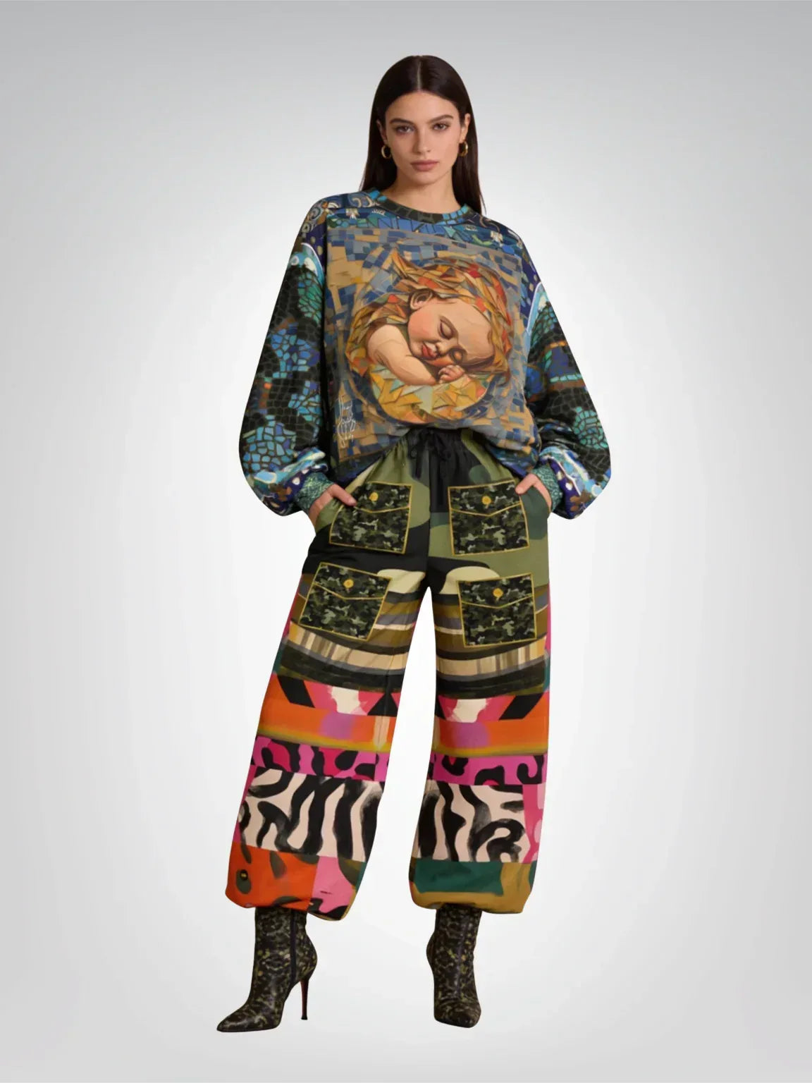 Faces of Medusa Patchwork Print Eco-Poly Wide Leg Pants