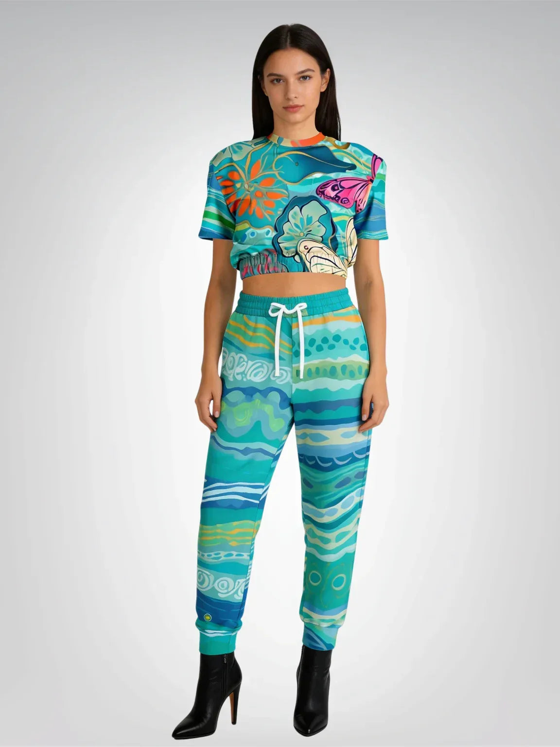 Bahamian Blue Waves Butterfly Eco-Poly Short Sleeve Cropped Pullover