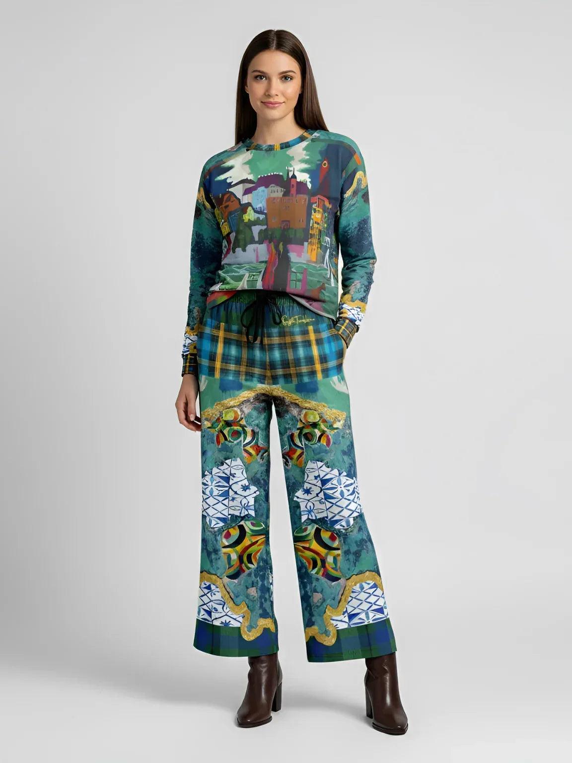 Basel at the Rhine - Kirchner - Abstract Patchwork Eco-Poly Wide Leg Pants