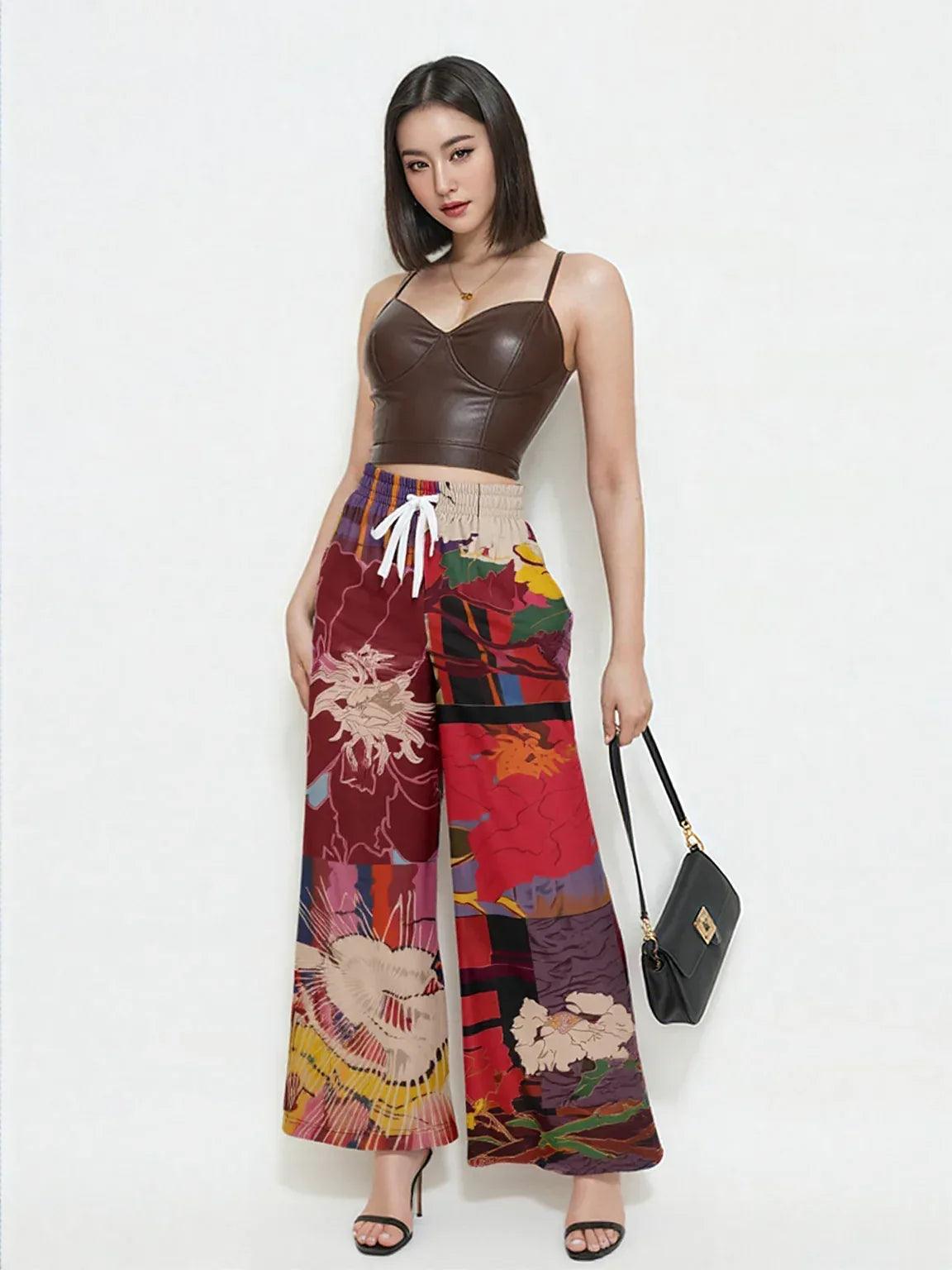 Birds of a Feather in Abstract Floral Stripe Eco-Poly Eco-Poly Wide Leg Pants